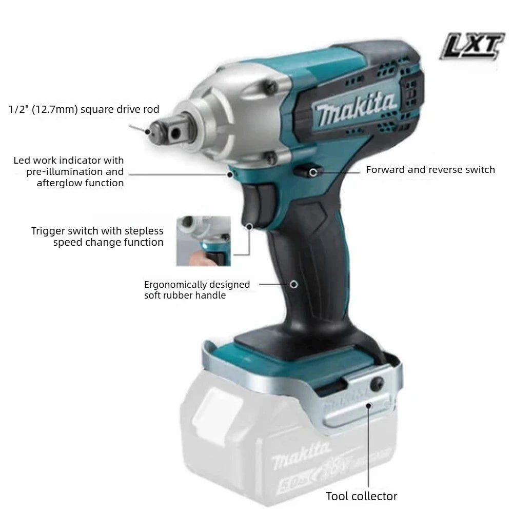 Makita DTW190 features detail, variable speed and battery indicator in blue and silver