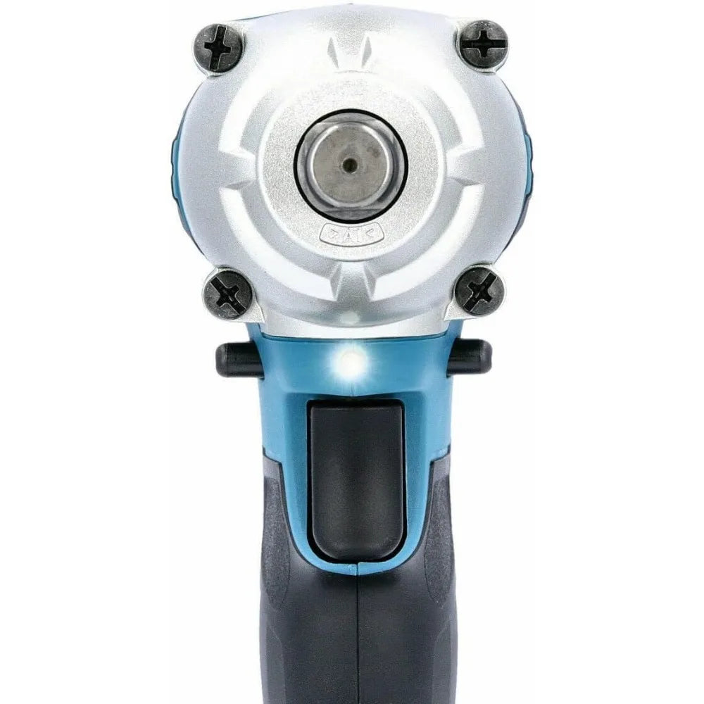 Makita DTW190 head detail close-up, metal chuck and LED light in blue and white