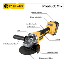 MELLWIN electric angle grinder specs close-up in yellow and black
