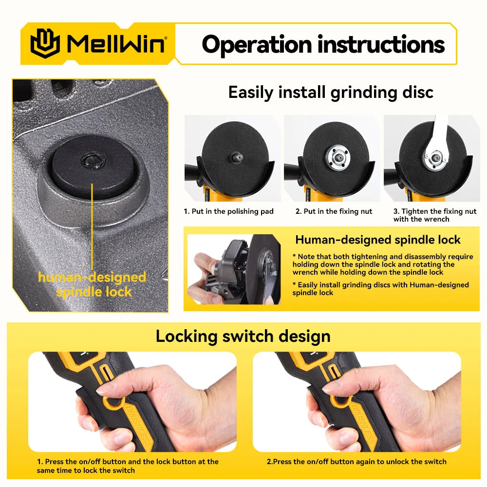 MELLWIN angle grinder operation instructions in yellow and black
