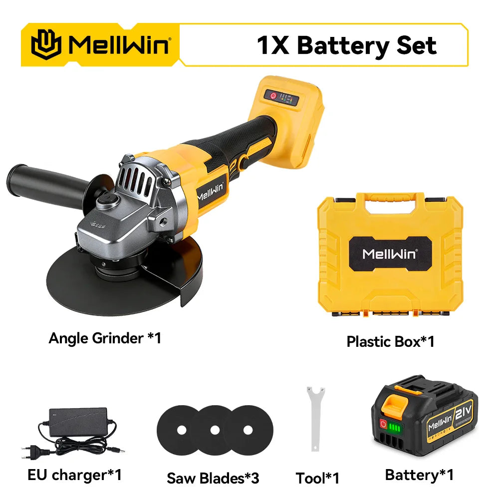 MELLWIN angle grinder cutting wood in use, cordless yellow-black