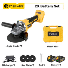MELLWIN angle grinder packaging with 2x battery set, charger, and case