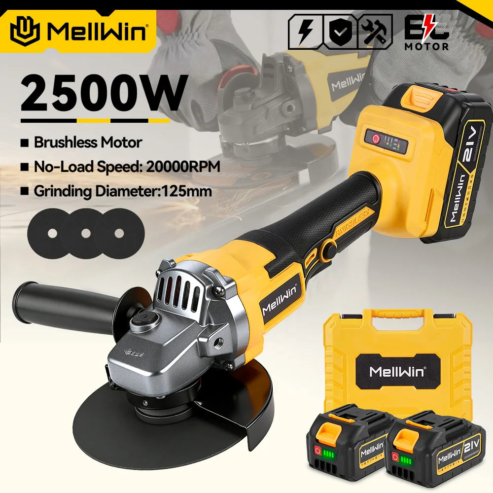 MELLWIN brushless angle grinder yellow-black front view with two batteries