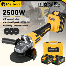 MELLWIN brushless angle grinder yellow-black front view with two batteries