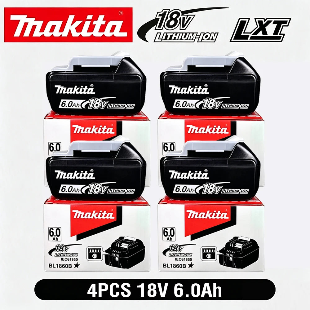 Makita 18V Li-ion battery packs on white, multiple packs