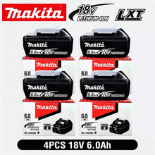 Makita 18V Li-ion battery packs on white, multiple packs