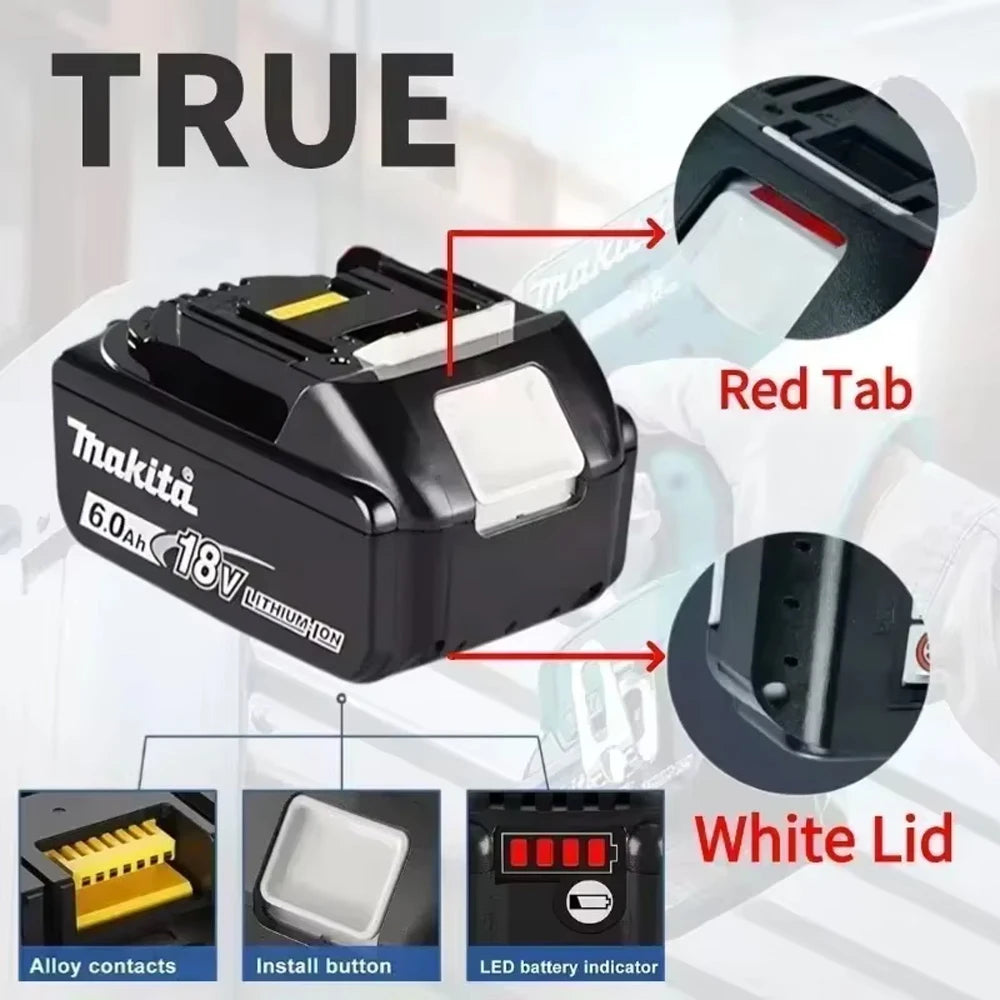 Makita 18V Li-ion battery pack detail, black body with red tab