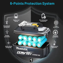 Makita 18V Li-ion battery pack close-up, protection system detail