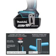 Makita 18V 6.0Ah battery close-up, black and blue components