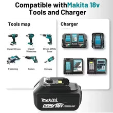 Makita battery compatibility chart, blue and black on white background