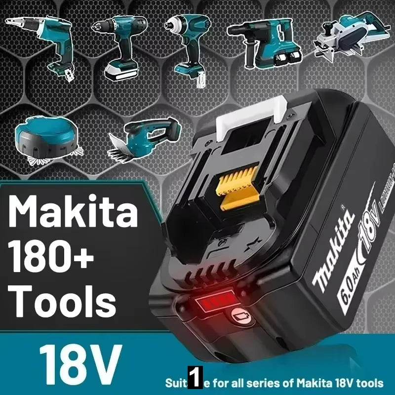 Makita 18V 6.0Ah battery lifestyle shot, black and blue with tools