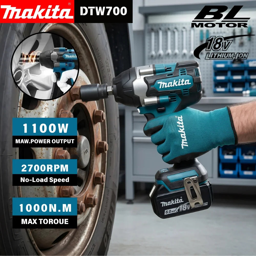 Makita DTW700 lifestyle impact wrench, blue and black, ergonomic grip