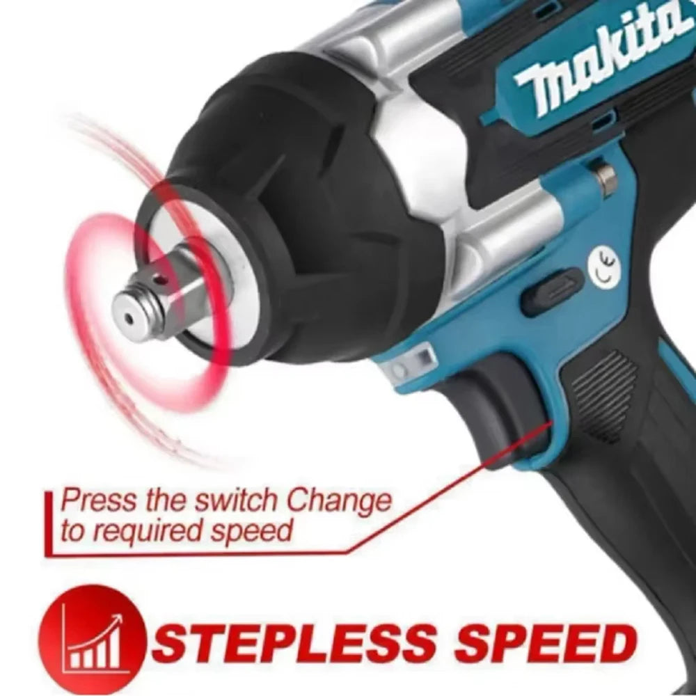 Makita DTW700 side view impact wrench with LED light, blue and black