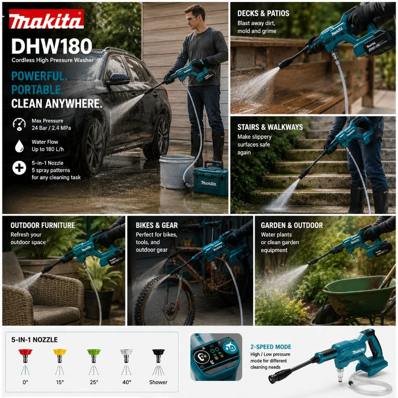 Makita DHW180 lifestyle use outdoors, portable cordless pressure washer