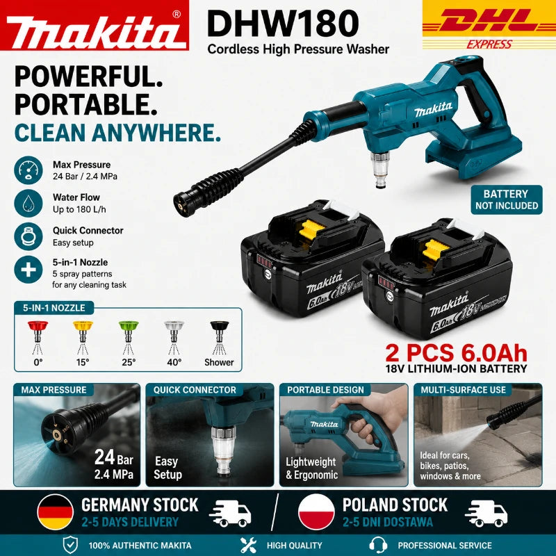 Makita DHW180 packaging, blue and black with cleaning attachments