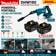 Makita DHW180 packaging, blue and black with cleaning attachments