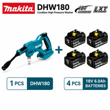 Makita DHW180 packaging, blue and black cordless high-pressure cleaner