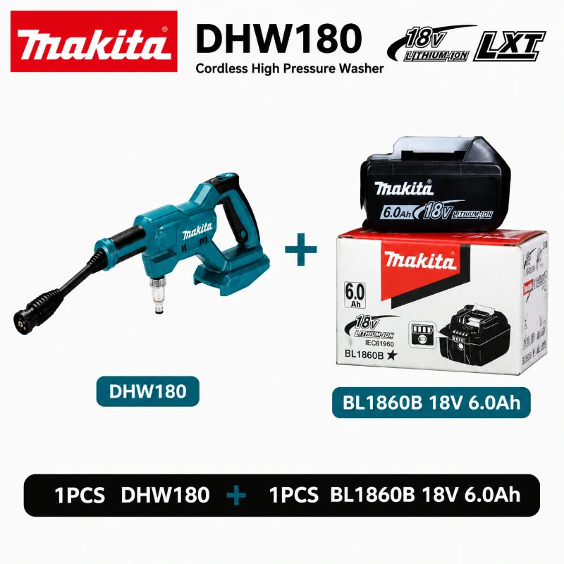 Makita DHW180 cordless washer packaging, blue and black on white