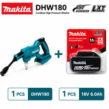 Makita DHW180 cordless washer packaging, blue and black on white