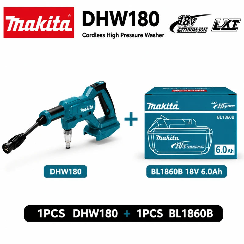 Makita DHW180 cordless washer packaging with battery included, blue and black