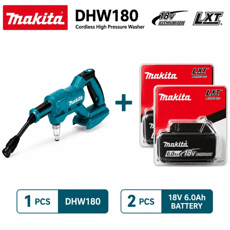 Makita DHW180 cordless washer packaging with two batteries, blue and black