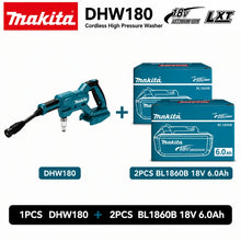 Makita DHW180 cordless washer packaging with two batteries, blue and black
