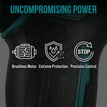Makita DTW700 brushless motor detail, black and blue power features