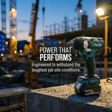 Makita DTW700 lifestyle cordless impact wrench, black and blue on site