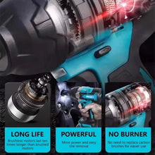 Makita DTW700 long-life feature detail, black and blue on white