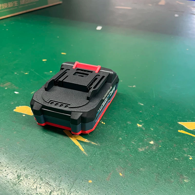 21V lithium battery pack side view, compact black and red design