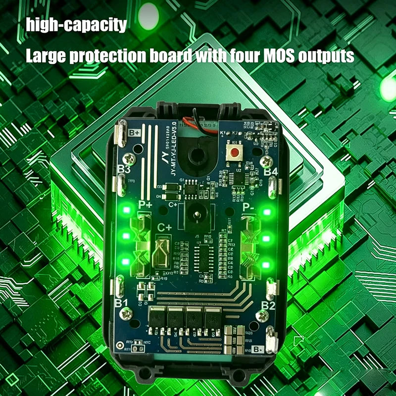 21V lithium battery circuit board detail with LED charge indicators