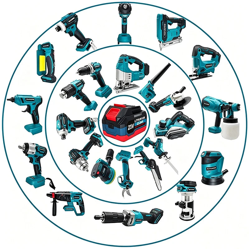 21V lithium battery with Makita tools, circular layout