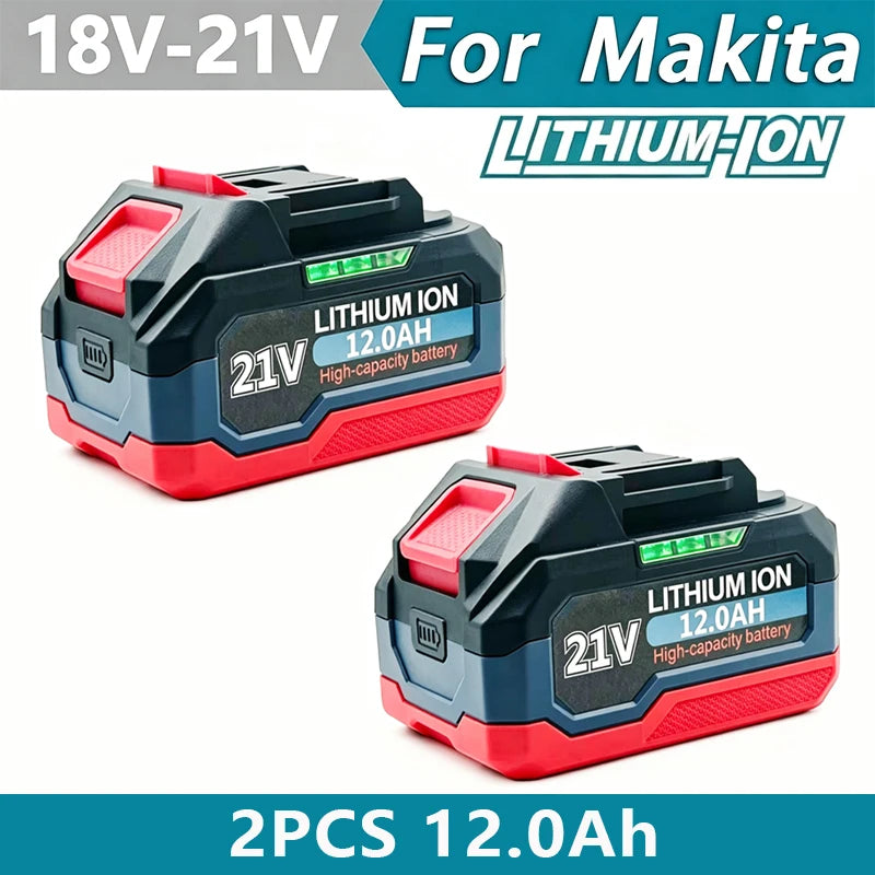 Two 21V lithium battery packs packaging, black red and green, front view