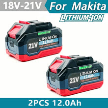 Two 21V lithium battery packs packaging, black red and green, front view