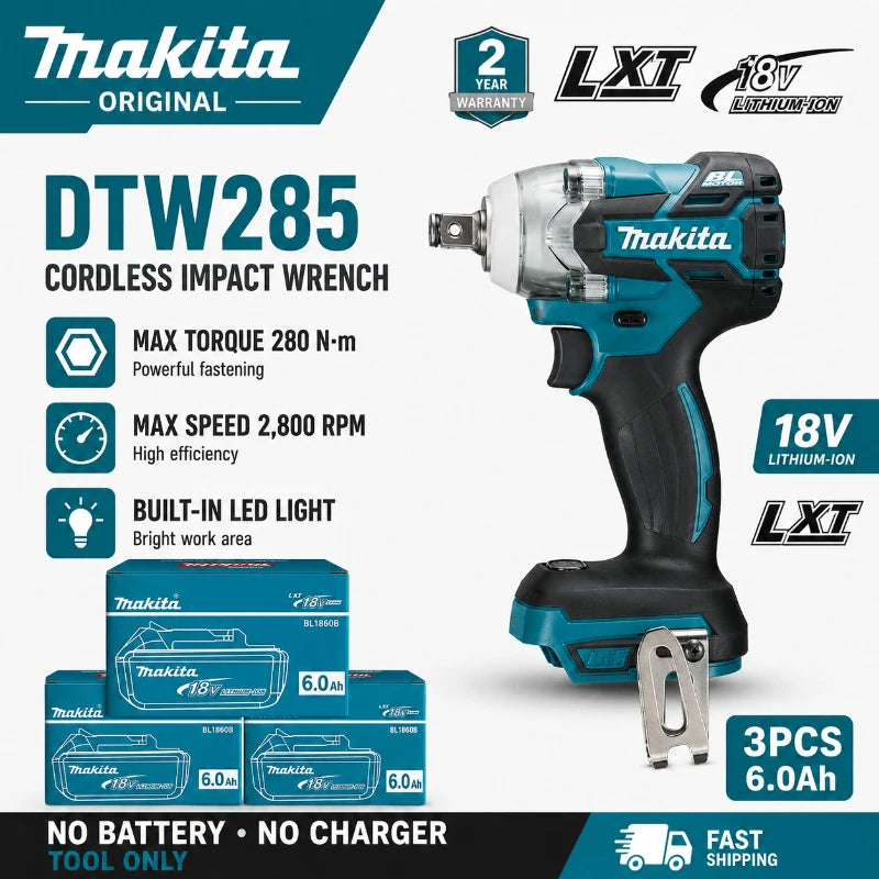Makita DTW285 packaging, blue and black kit box on white background