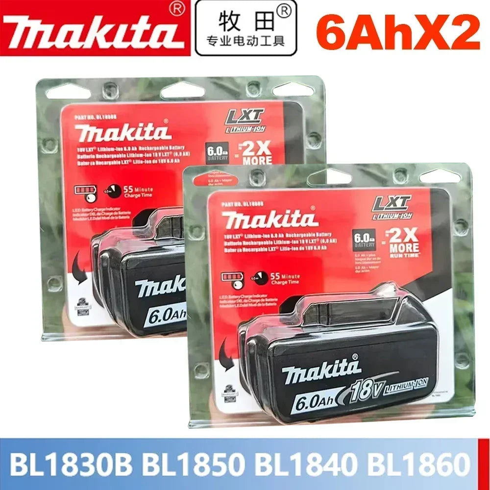 Makita 6Ah 18V batteries two-pack packaging, red and black