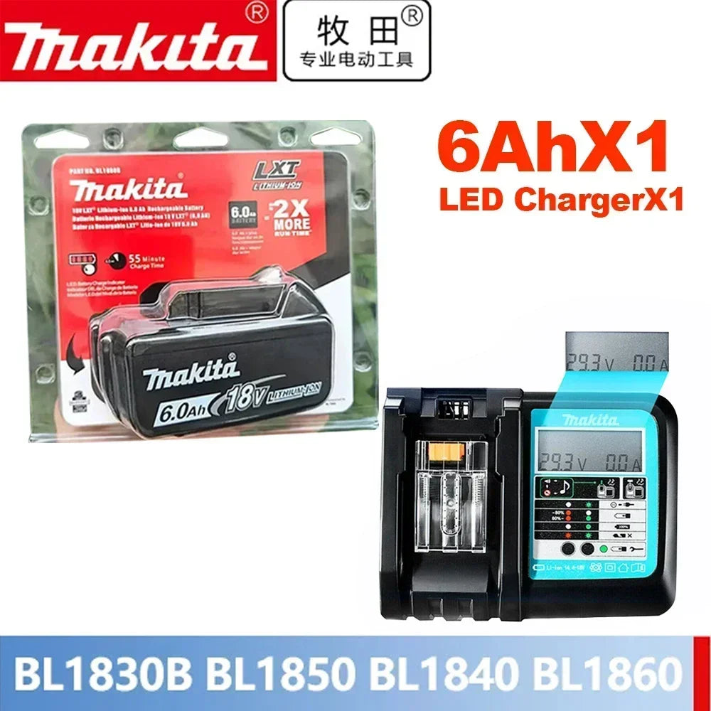 Makita charger and 6Ah battery packaging, red and black