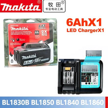 Makita charger and 6Ah battery packaging, red and black