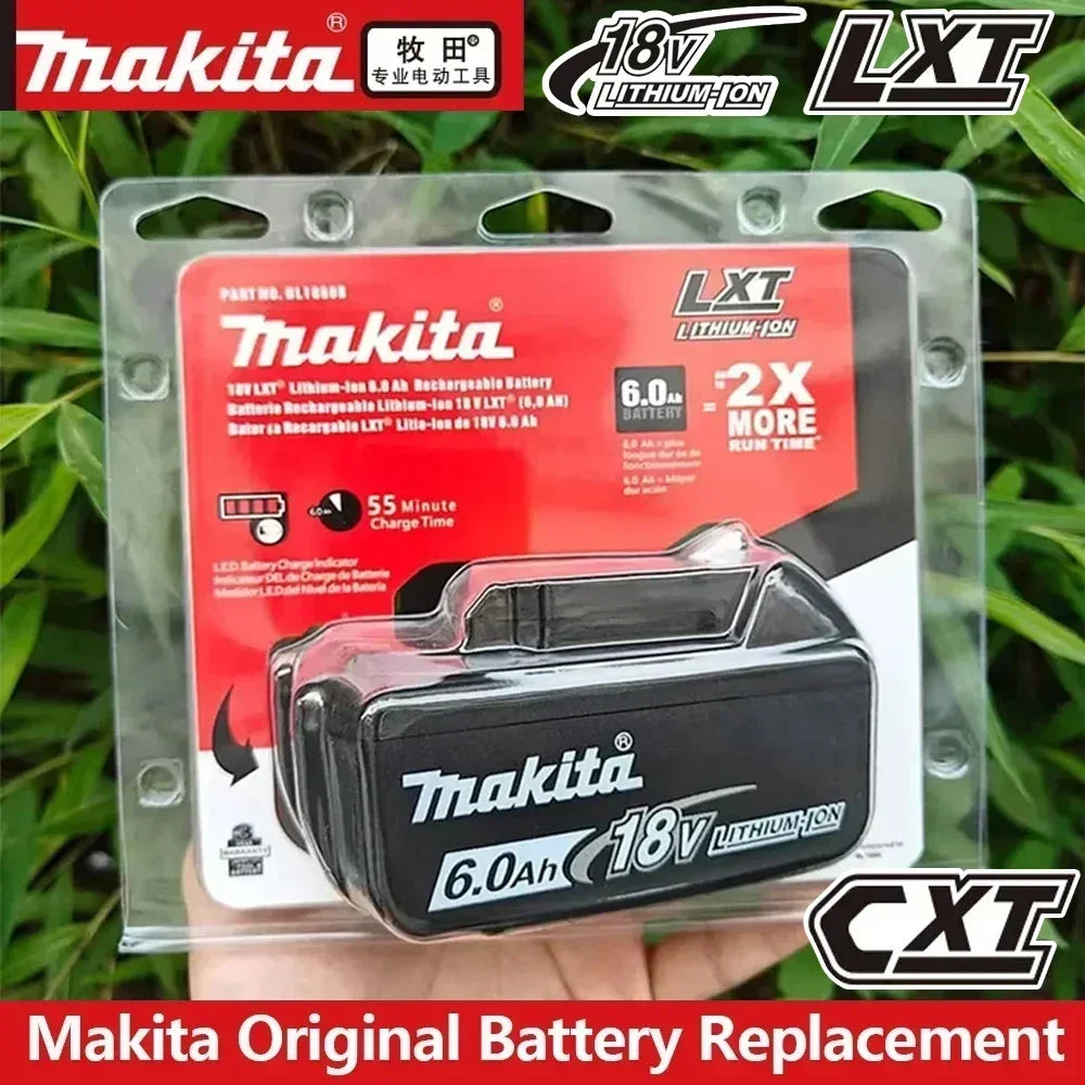 Makita replacement battery packaging, red and black, front view