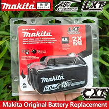 Makita replacement battery packaging, red and black, front view