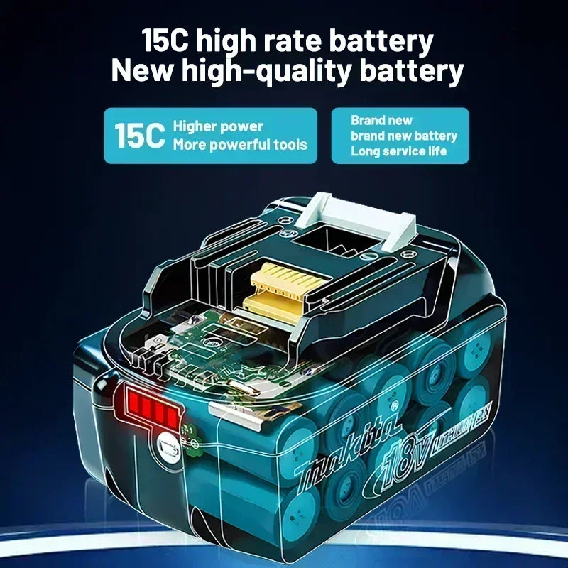 Makita battery internals detail, black and blue components close-up