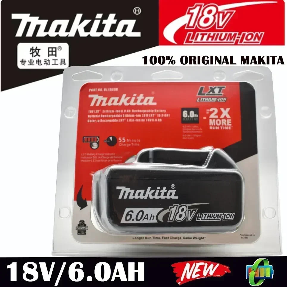 Makita battery packaging, red and black branding, front view