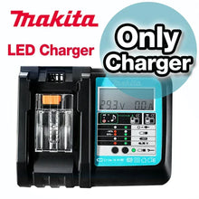 Makita LED charger front view, black blue with orange LED indicator