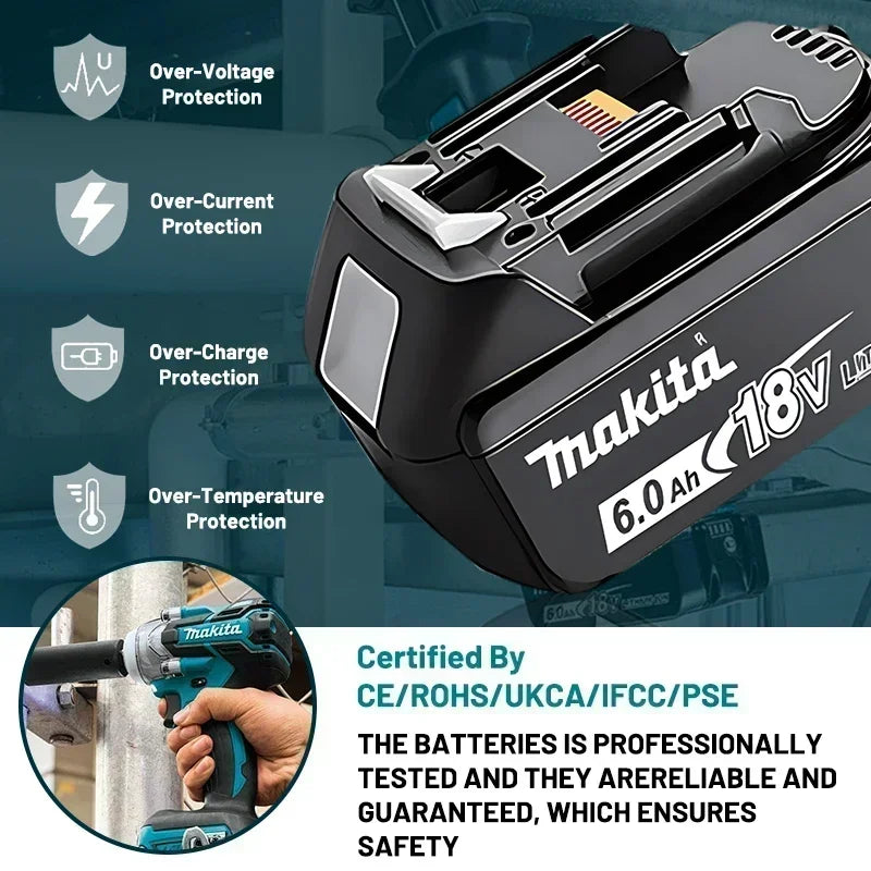 Makita battery charger LED indicator close-up, black and blue