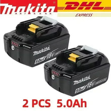 Makita 18V lithium battery pack packaging, black and yellow, two 5.0Ah batteries
