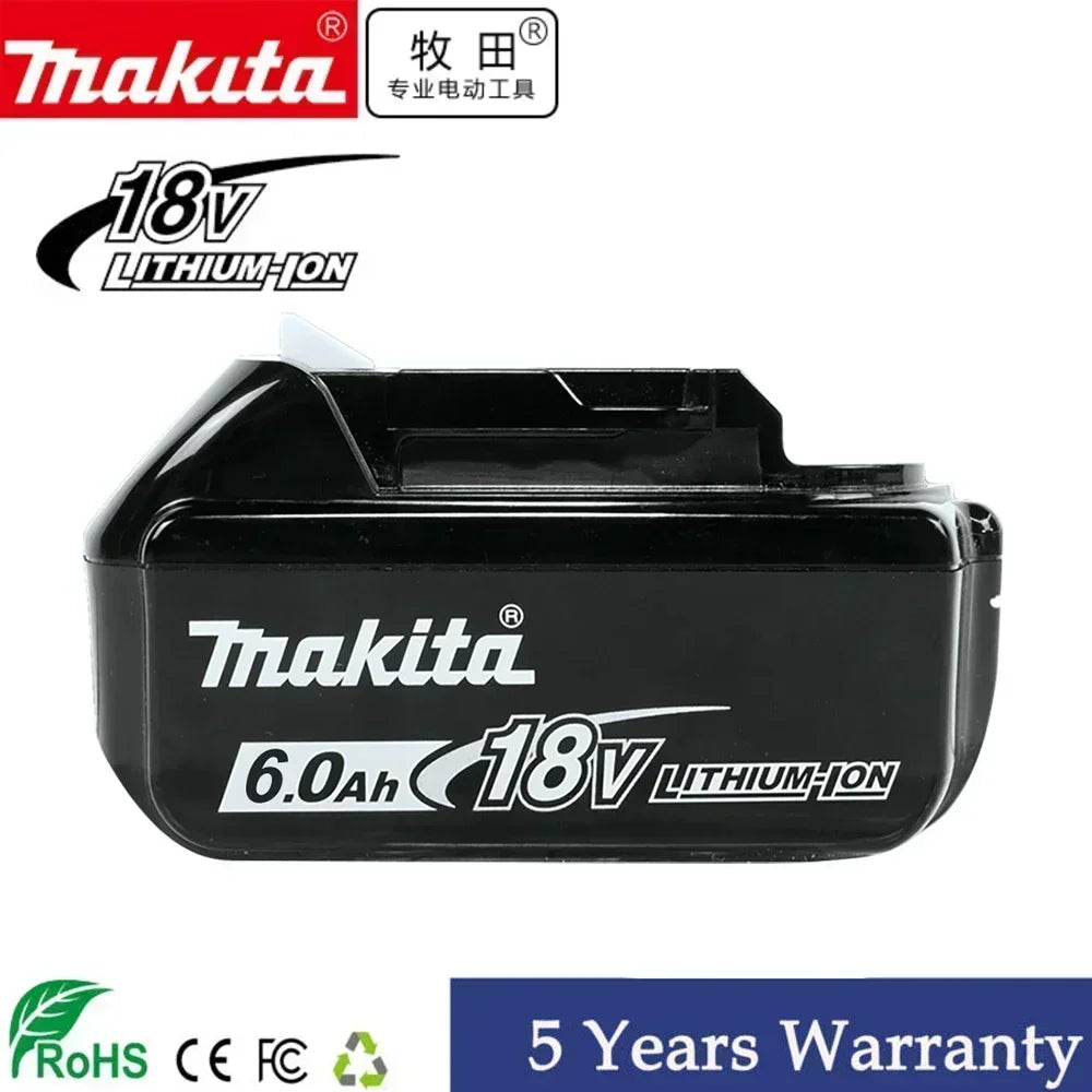 Makita 18V 6.0Ah battery packaging, black and white product box