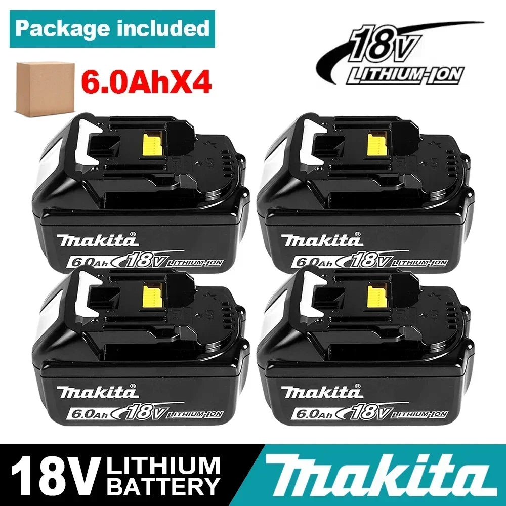 Makita 18V lithium battery pack packaging, black and yellow, four 6.0Ah batteries