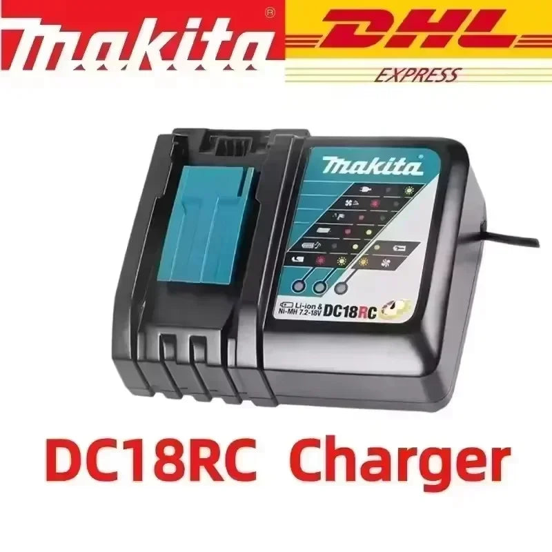 Makita DC18RC charger with LED indicator, compact design, black blue and white