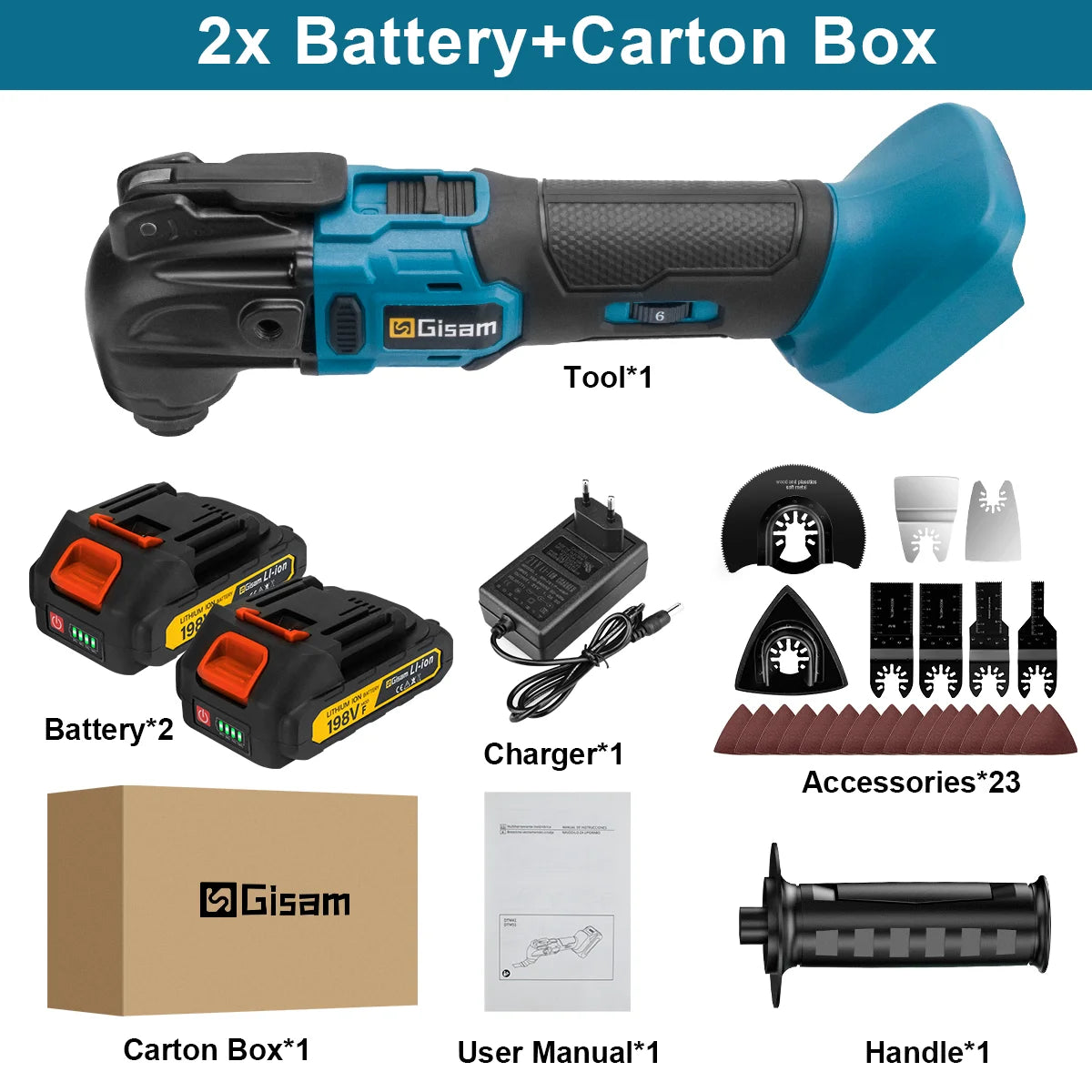 Gisam oscillating multitool kit packaging with included batteries