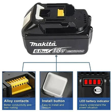 Makita BL1860B battery pack detail, black and yellow with LED indicator